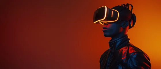 Foto op Canvas The back view of a person's head wearing a virtual reality headset against a vibrant orange backdrop © Fxquadro