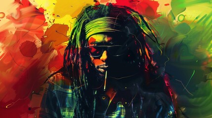 Portrait of african american person with dreadlocks wearing glasses on reggae background.