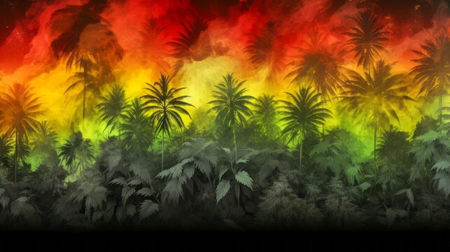 Cannabis garden on reggae background.