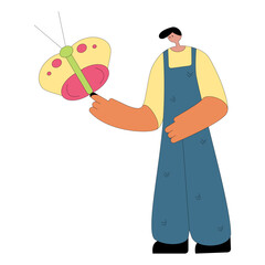 Gardener working butterfly flat vector isolated illustration. Agricultural working people tending garden.