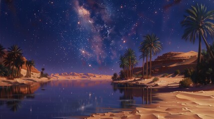 Oil painting of a tranquil desert oasis at night, clear, purple star-filled sky blankets. palm...
