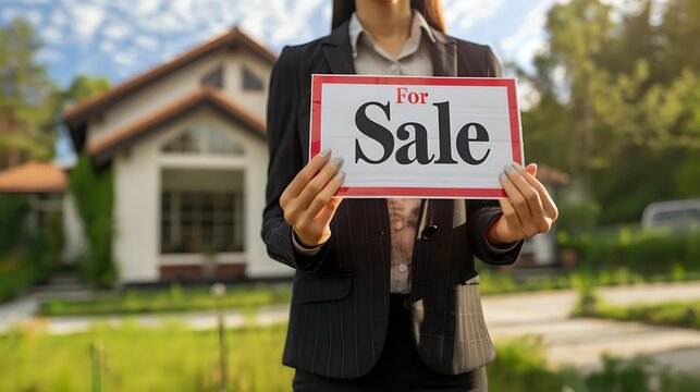 Real estate agent holding a For Sale sign in front of a house.