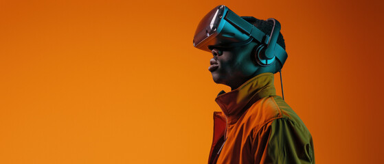Fototapeta na wymiar Person in stylish outfit sporting a virtual reality headset against a vibrant orange backdrop, merging technology and fashion