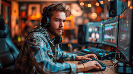 Fototapeta na wymiar Young man with headphones at a professional audio mixing console.