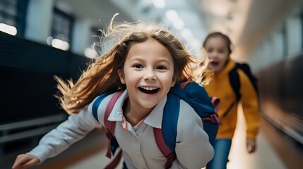 Two young girls with backpacks running and smiling in a brightly - obrazy, fototapety, plakaty