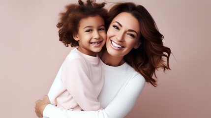A beautiful mother and her daughter are smiling and hugging each - obrazy, fototapety, plakaty