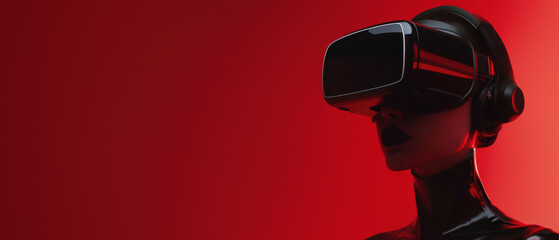 An individual stands out in a sleek black outfit, complete with a VR headset against a deep red background, highlighting the blend of tech and style