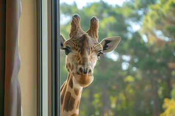 Cute funny giraffe looks out window of house on second floor. Hotel in  nature safari park.