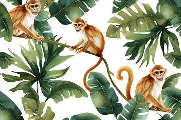 Seamless watercolor pattern for children's rooms wallpapers. Funny monkeys on liana branch with jungle palm leaves. Design for clothes, apparel printing, poster or cover. AI Generative - obrazy, fototapety, plakaty