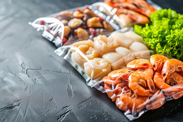 Vacuum sealer bags with different seafood delicacies: shrimp, scallops, mussels on dark background. Freezing healthy food products with degasser. Generative AI, copy space