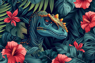 Tropical exotic illustration pattern with beautiful bright dinosaur and flowers on dark bacground. Design for wallpapers, apparel printing, poster or cover, card. AI Generative