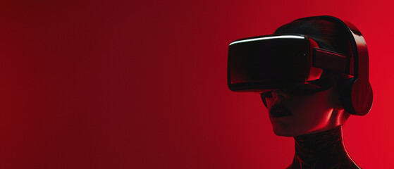 A stylish young man engages with virtual reality technology against a vibrant red backdrop, depicting modern entertainment
