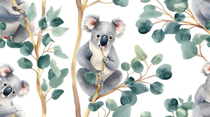 Seamless Watercolor pattern with funny koala on branch, chewing  eucalyptus leaf. Children's rooms wallpapers. Design for clothes, apparel printing, poster or cover. AI Generative