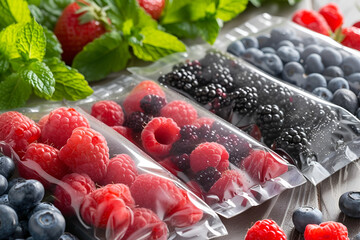 Vacuum sealer bags with different fresh berries: raspberries, blueberries, blackberries, mint....