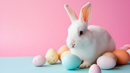 Naklejka na ściany i meble Easter banner with Cute white fluffy Easter bunny among painted eggs on pastel background, copy space for text. AI Generative