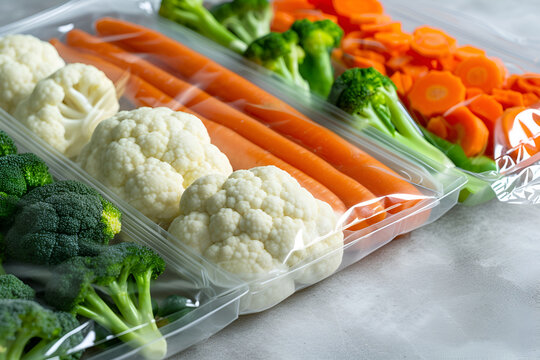 Vacuum sealer bags with different fresh vegetables: broccoli, cauliflower, carrots. Freezing healthy food products with degasser. Generative AI