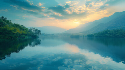 Serene lake with calm waters reflecting a scenic landscape of mountains and trees under a soft sunrise.