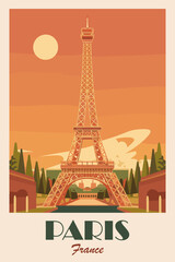 Fototapeta na wymiar Paris, France Travel Destination Poster in retro style. Eifel Tower Mid century modern digital print. European summer vacation, holidays concept. Vintage vector colorful illustration.