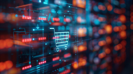 A digital 3D illustration featuring a vibrant blue and red themed abstract background with a glowing white shopping cart icon at the center, symbolizing online shopping and e-commerce technology.