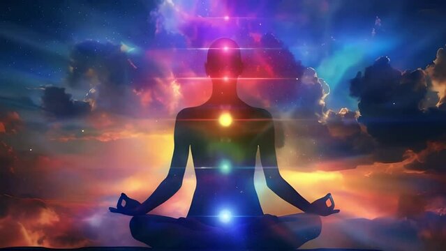 person in lotus position with five chakras and sky landscape background, yoga meditation concept