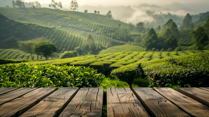 Top wooden table with tea plantation background - obrazy, fototapety, plakaty