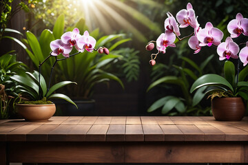 Empty wooden table for product display with orchid garden background