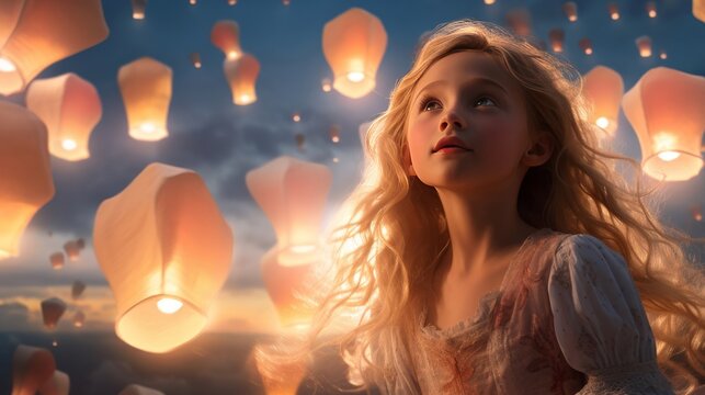 A beautiful young blond girl looking up in the sky surrounded by many sky latterns, a storybook illustration of a young girl amazed by many wishing balloons