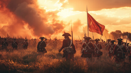 A reenactment of a historical battle scene at sunset, featuring actors in period costumes with muskets and a flag bearer, amidst a dramatic, smoke-filled battlefield.