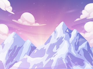 Obraz premium Mountain summit. Winter nature landscape. Rock glacier ice. Ski travel. Scenic sunset. Sky light. Canada snowy panorama. Frozen cliff peak. Alps ridge horizon. Cold season. Vector cartoon illustration