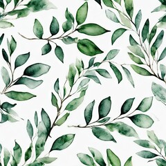 painting of green leaves with a white background. The leaves are painted in a watercolor style, giving the painting a soft and delicate appearance.  - obrazy, fototapety, plakaty