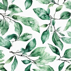 A painting of green leaves with a white background. The leaves are painted in a way that they look like they are growing out of the white background. The painting has a calming and peaceful mood - obrazy, fototapety, plakaty