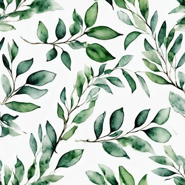 painting of green leaves with a white background. The leaves are painted in a watercolor style, giving the painting a soft and delicate appearance. 