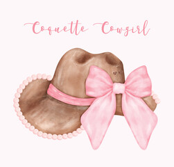 Watercolor Coquette Cowgirl Hat with pink ribbon bow. Feminine cowboy hat Whimsical Illustration