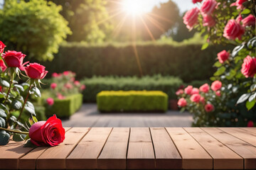 Empty wooden table for product display with rose garden background