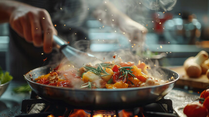 Close-up of a sizzling pan with vegetables and herbs being sautes by a chef in a modern kitchen, with steam and spices visibly rising from the pan.