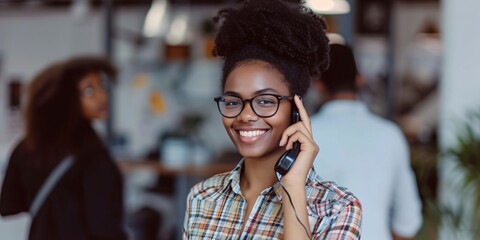 Easily accessible for customers. Attractive young African lady in stylish casual attire conversing on the phone with a grin and tucking hand in hair while her coworkers stand behind her. - obrazy, fototapety, plakaty
