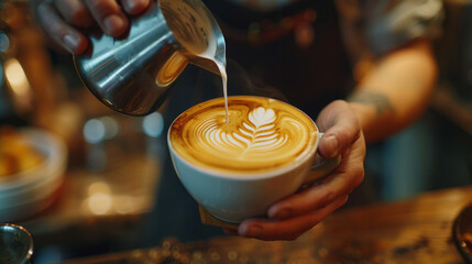 Barista creating latte art, pouring steamed milk into a coffee cup, artistic design on frothy coffee surface, close-up shot in a cozy caf\u00e9 ambiance. - obrazy, fototapety, plakaty