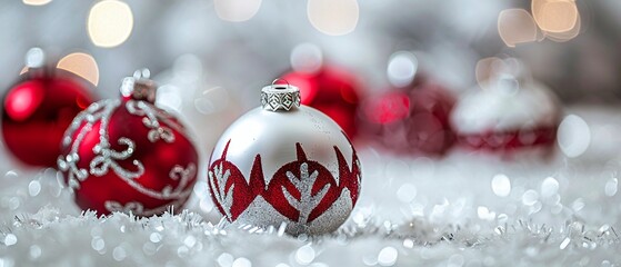 Christmas Decorations with Shiny Silver, Red, and White Ornaments