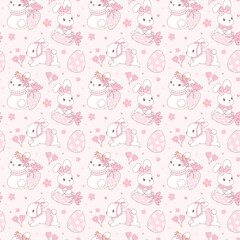 Coquette Easter bunny Seamless Pattern in pink theme with ribbon bow cartoon doodle hand drawing.