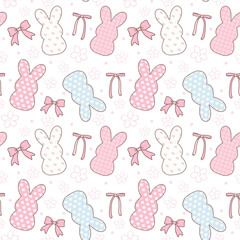 Coquette Easter bunny peep Seamless Pattern in pink theme with ribbon bow cartoon doodle hand drawing.