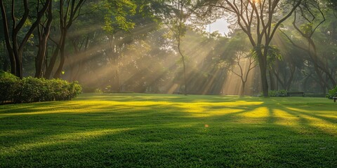 Gorgeous sunrise in park with lush lawn and verdant foliage at Vachirabenjatas Park in Bangkok, Thailand.