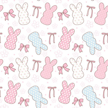 Coquette Easter bunny peep Seamless Pattern in pink theme with ribbon bow cartoon doodle hand drawing.