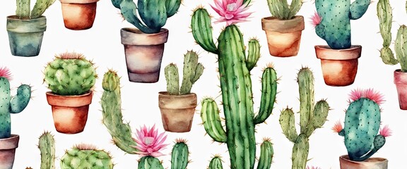 A watercolor painting of a desert scene with many cacti and potted plants. The painting has a calming and peaceful mood, with the cacti and plants providing a sense of tranquility and serenity - obrazy, fototapety, plakaty