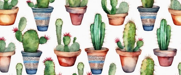 A watercolor painting of several potted cacti in various sizes and colors. The painting has a calming and peaceful mood, with the cacti arranged in a way that creates a sense of harmony and balance - obrazy, fototapety, plakaty