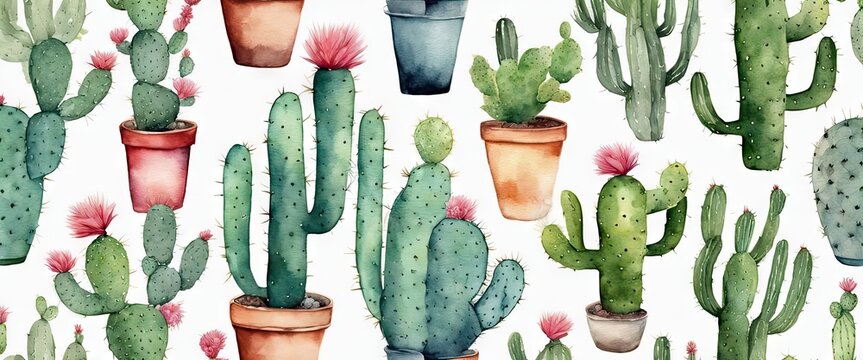 A watercolor painting of various types of cacti in pots. The painting has a vibrant and lively feel to it, with the different colors and shapes of the cacti creating a sense of movement and energy