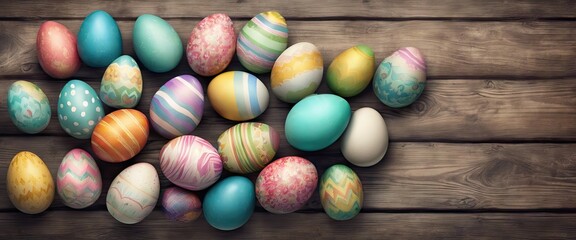 Fototapeta na wymiar A bunch of colorful Easter eggs are laid out on a wooden table. The eggs are of various sizes and colors, including blue, pink, yellow, and green. The arrangement of the eggs creates a cheerful