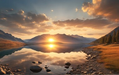 sunset in the mountains at a calm lake that creates a perfect reflection, golden hour, sun ray. ultra details, 8k, high definition, panorama