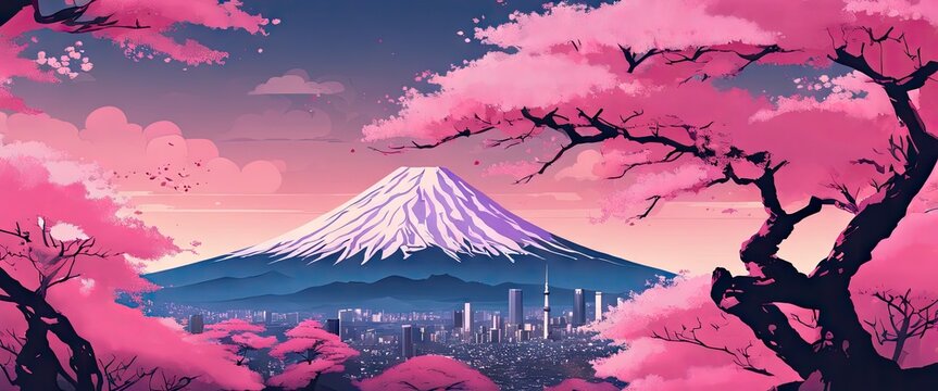 A beautiful pink and purple landscape with a mountain in the background and a city in the foreground. The city is surrounded by cherry blossoms, giving the scene a serene and peaceful atmosphere