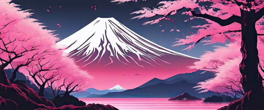 A beautiful mountain range with pink cherry blossoms in the foreground. The image has a serene and peaceful mood, with the pink flowers adding a touch of romance and beauty to the scene