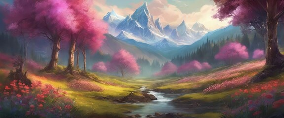 A beautiful landscape with a river running through it and mountains in the background. The scene is filled with pink flowers and trees, creating a serene and peaceful atmosphere - obrazy, fototapety, plakaty
